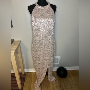 Candolite Nude Lace High Neck Maxi Dress With Front Slit And T Back NWT SZ XL.